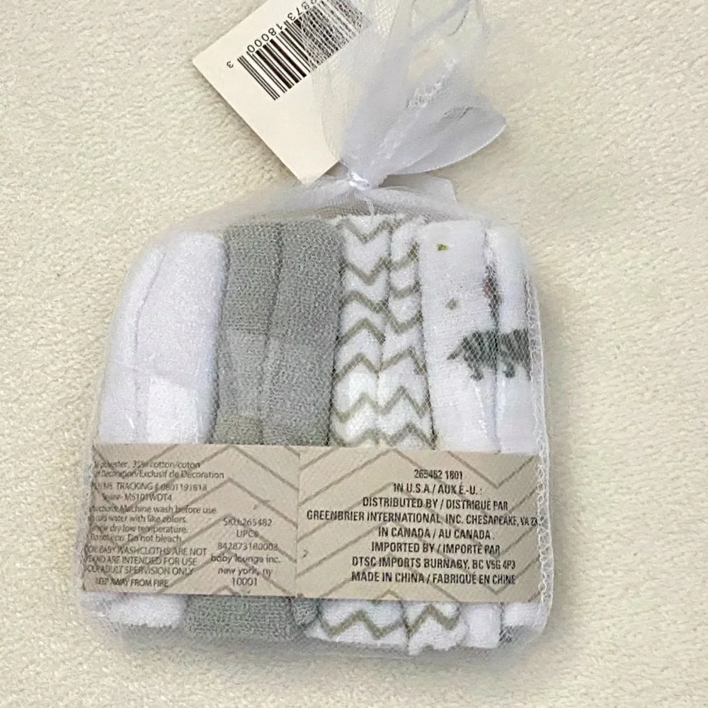 NWT Baby Lounge Washcloths- Set Of 4‎ white & Gray Baby Zebra Waves Solid Gray